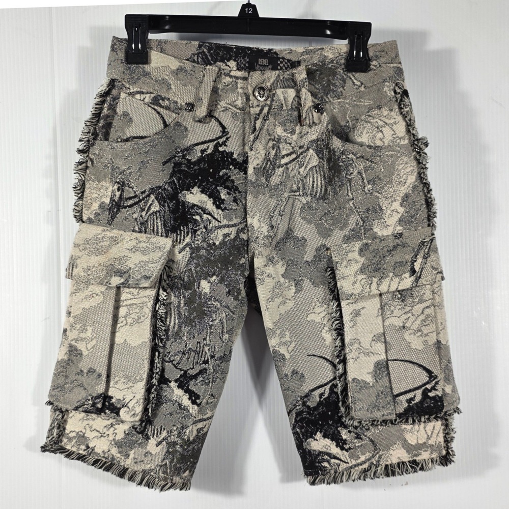 Rebel Vengeance Men 28 Tapestry Cargo Shorts Skeleton Horse Jacquard Frayed Grey